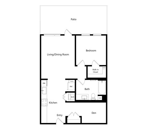 Floor plan for 1 bed, 1 bath, 735 sqft